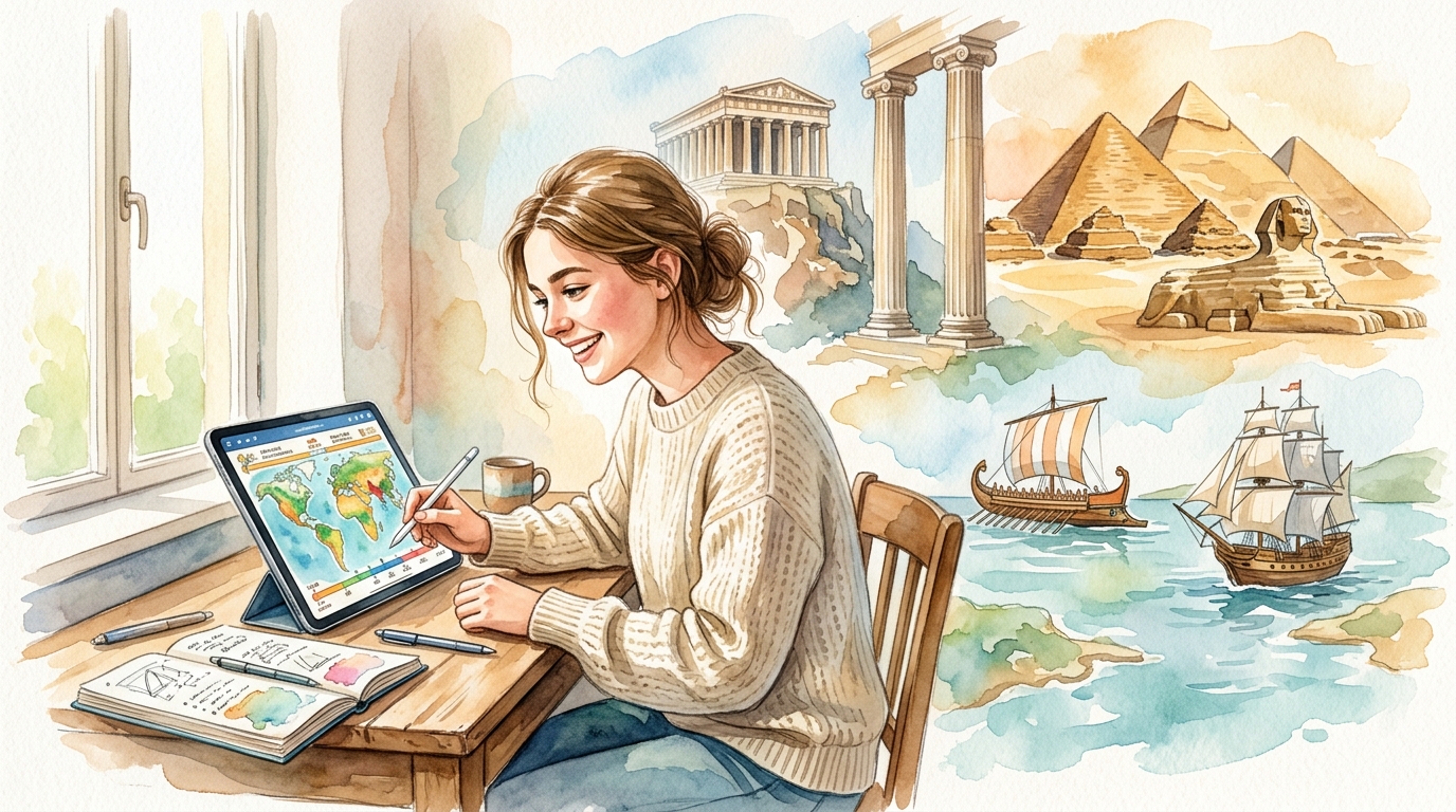 Student engaging with interactive world history curriculum